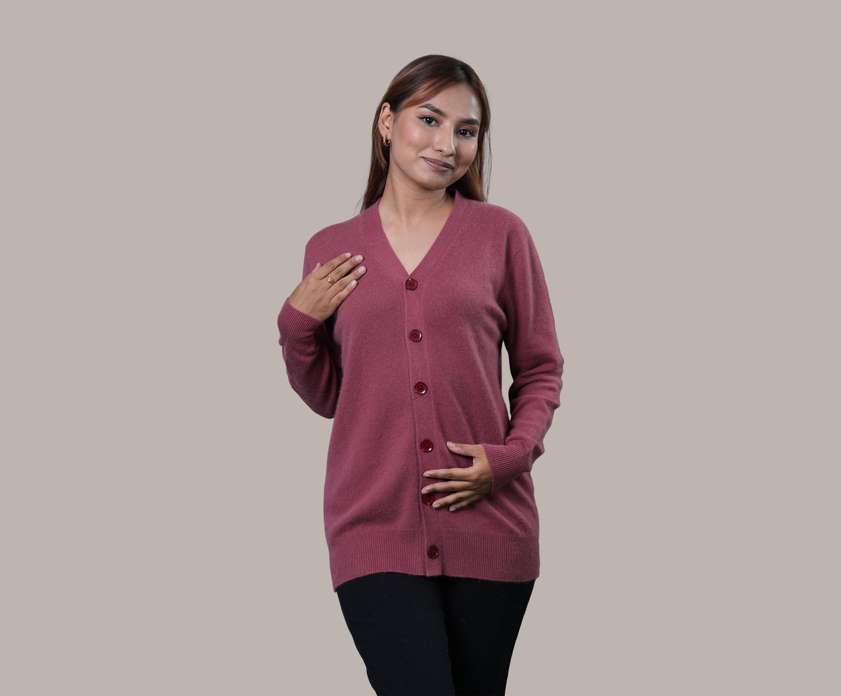 Women's Cashmere Long Cardigan in Pink - V Neck Style