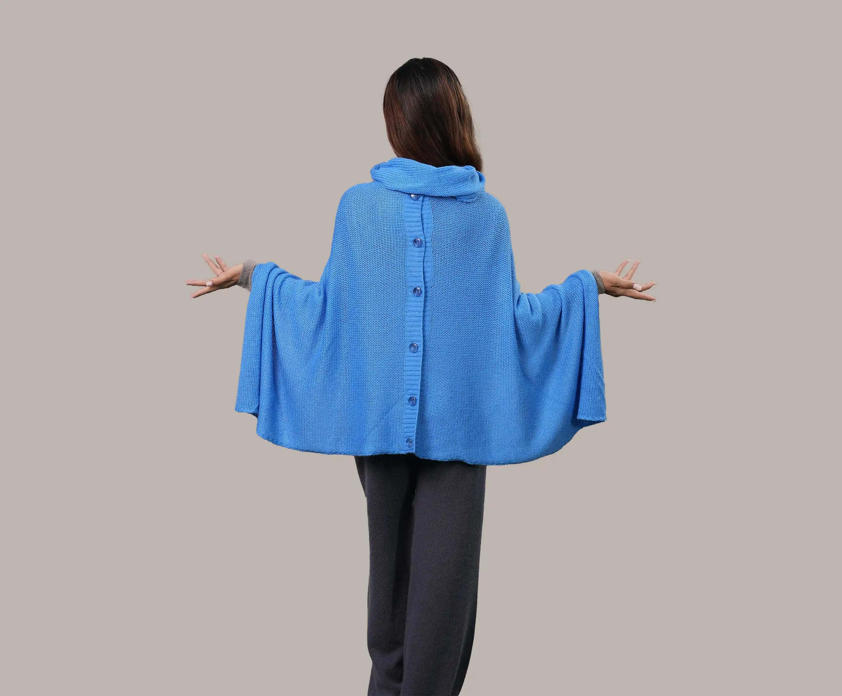 Women's Cashmere High-Neck Button Poncho - Net Jumper Poncho