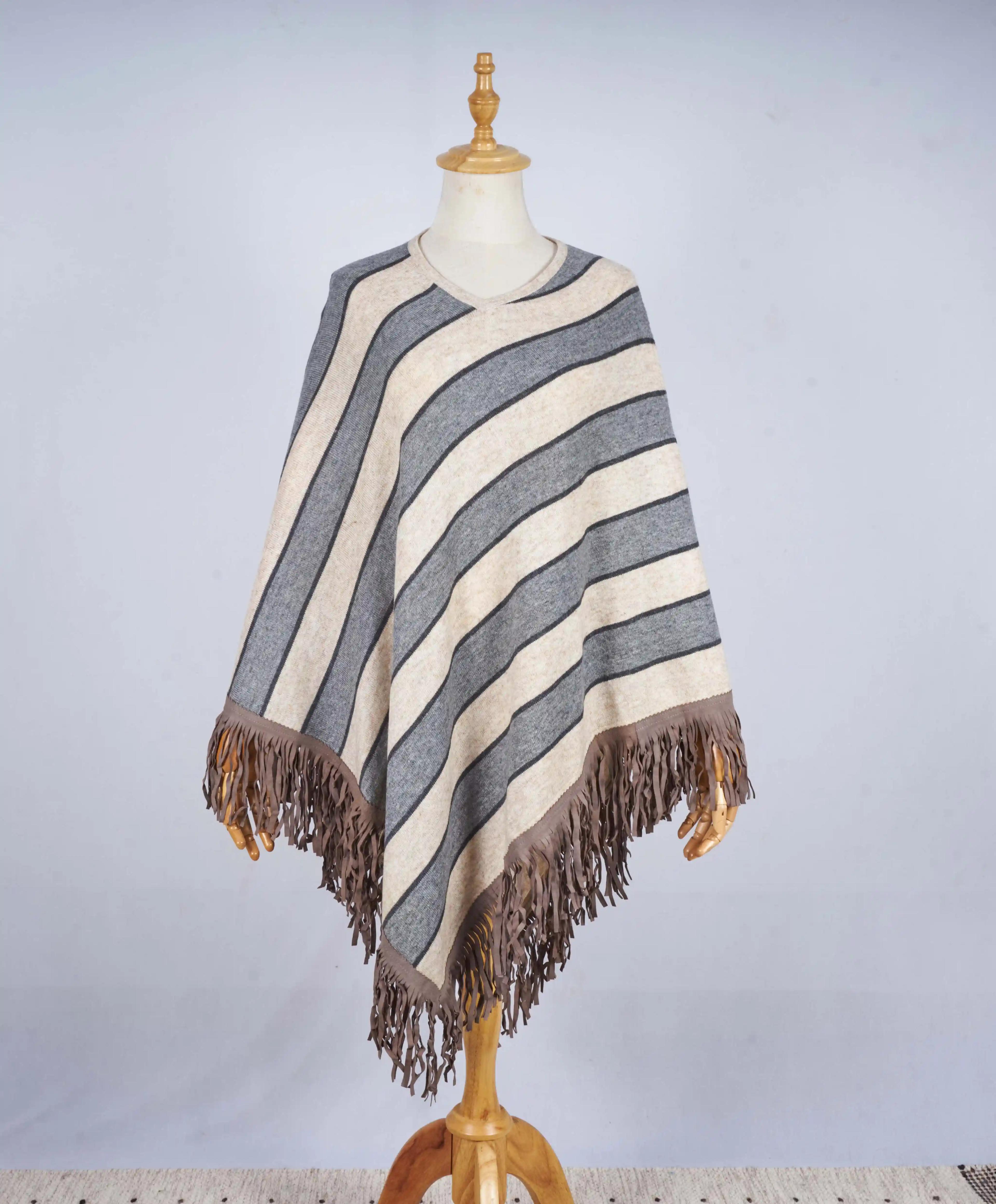 Cashmere Striped Leather Poncho Sweater For Women