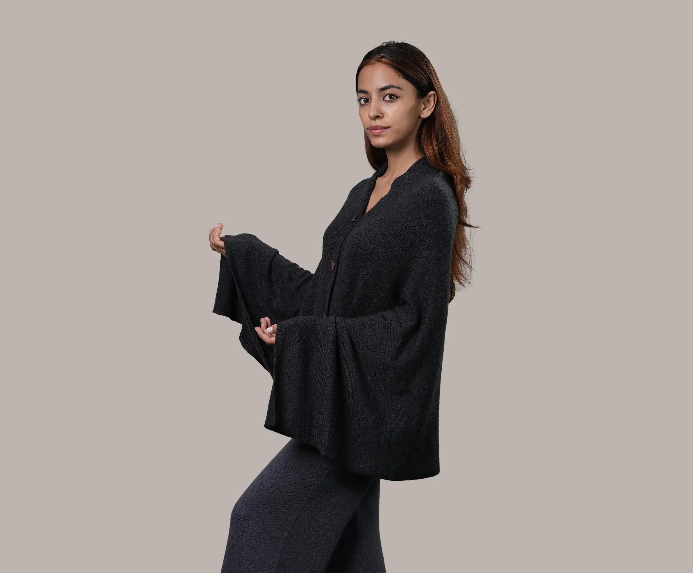 Cashmere Blend Natural Poncho With Button