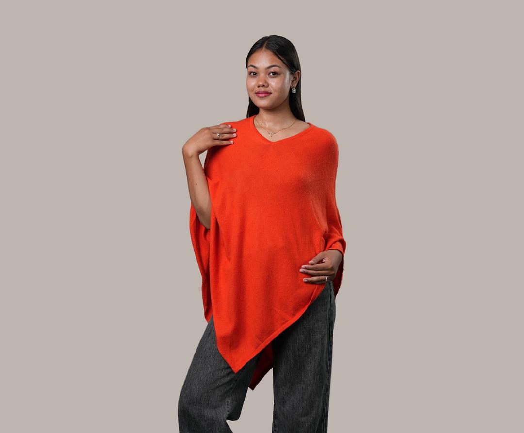 Vibrant Orange Cashmere Plain Poncho