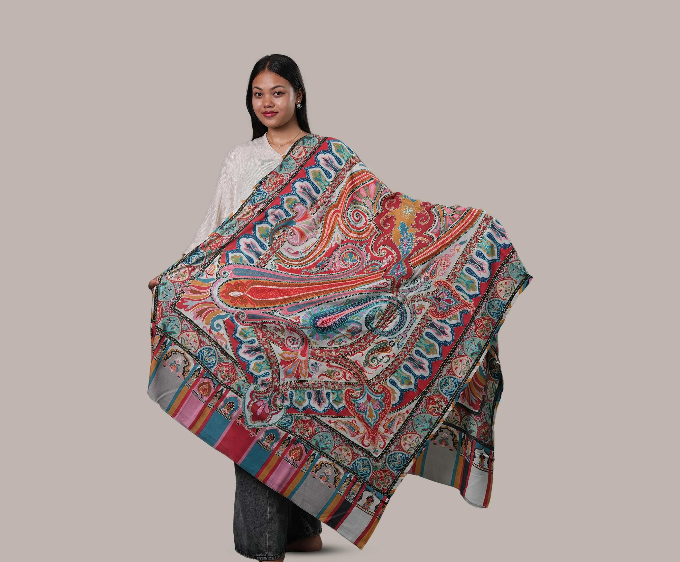 Cashmere Outline Hand Embroidery Needlework Paisley Stole