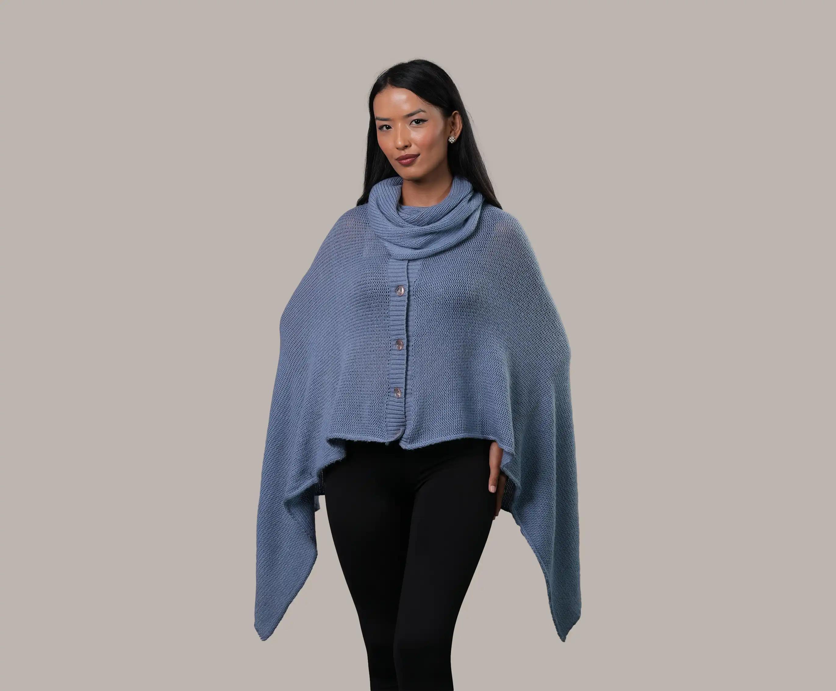 Women's Cashmere High-Neck Button Poncho - Net Jumper Poncho