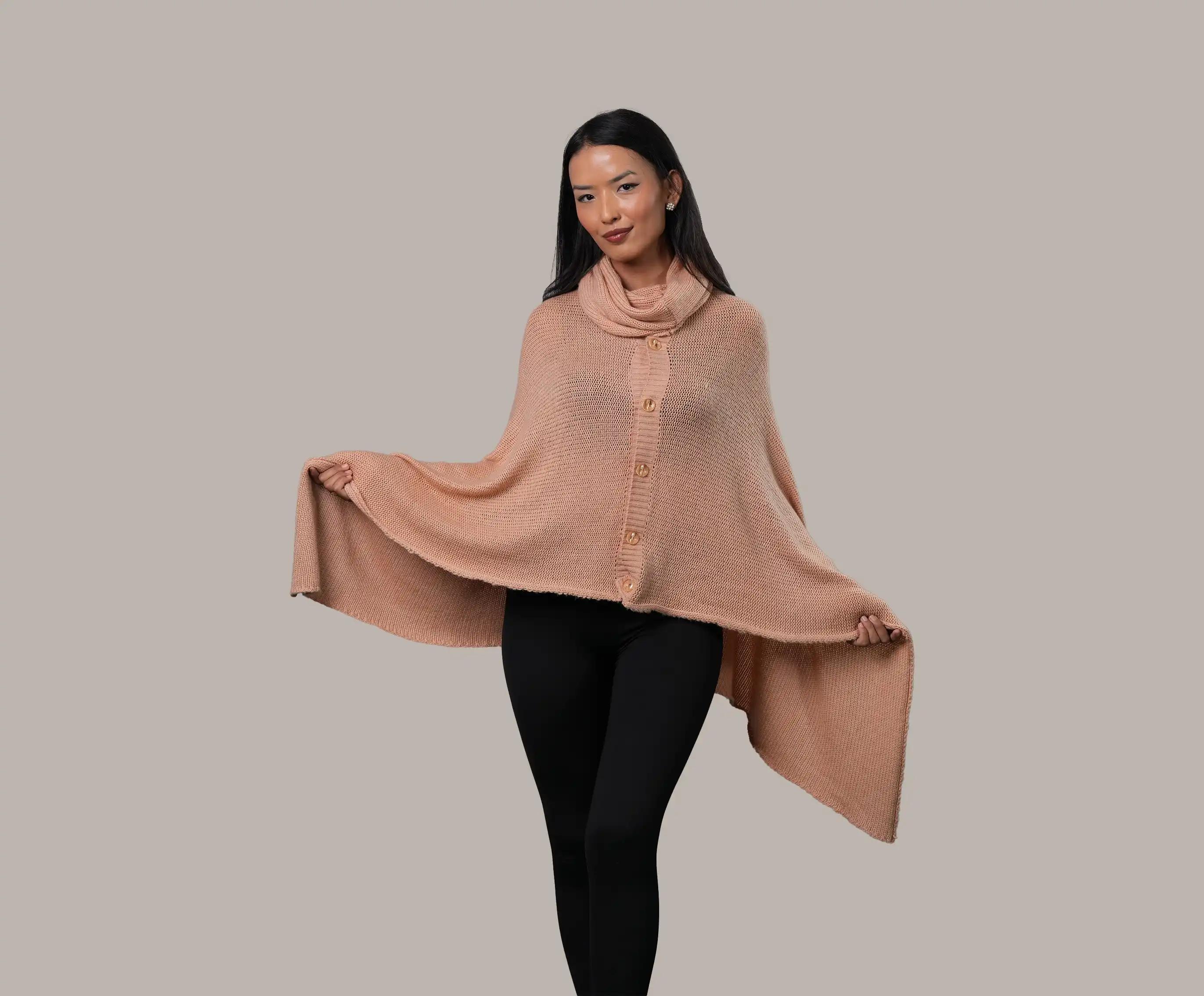 Women's Cashmere High-Neck Button Poncho - Net Jumper Poncho