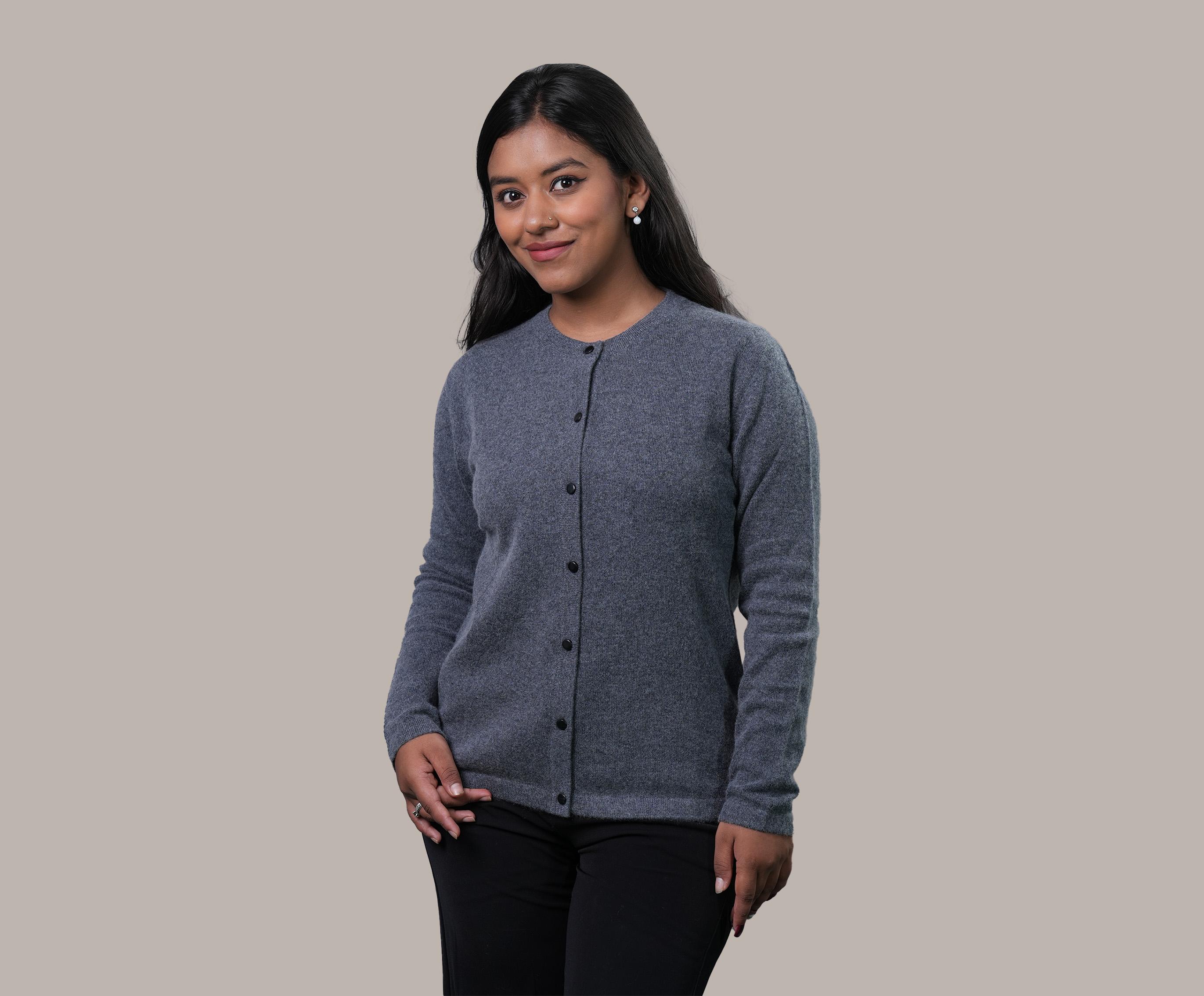 Long Cashmere Cardigan - Round Neck & Front Buttoned