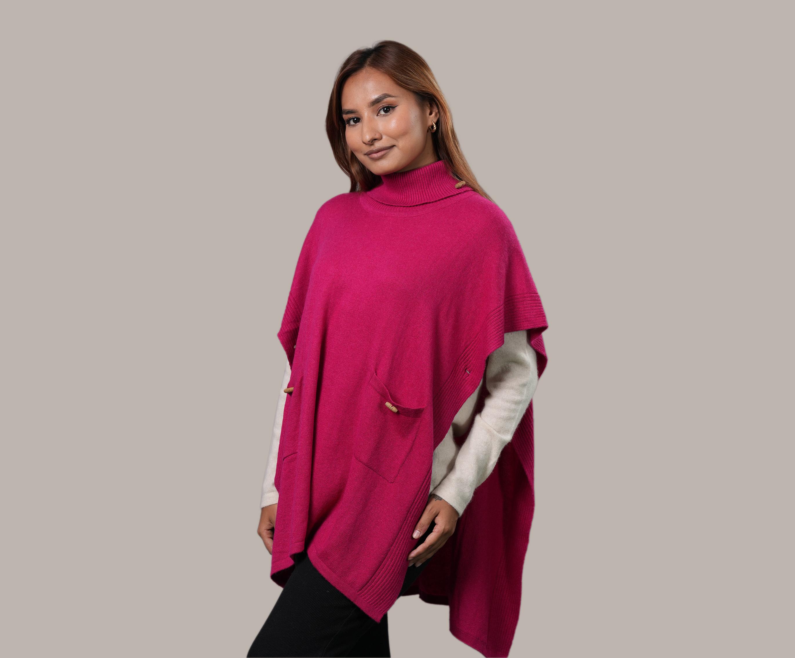 Women`s Pure Cashmere T-shirt Style Funnel Neck Poncho