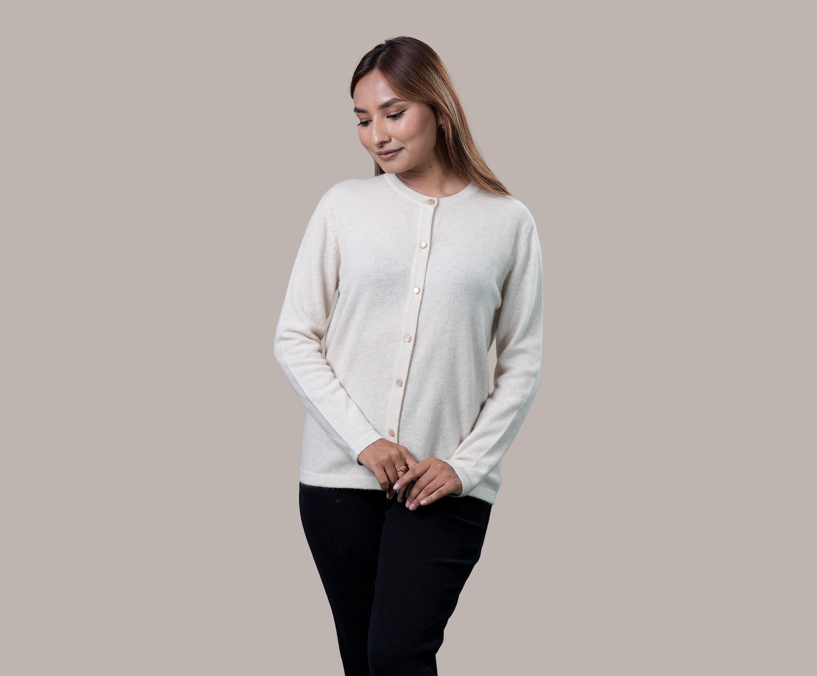 Long Cashmere Cardigan - Round Neck & Front Buttoned